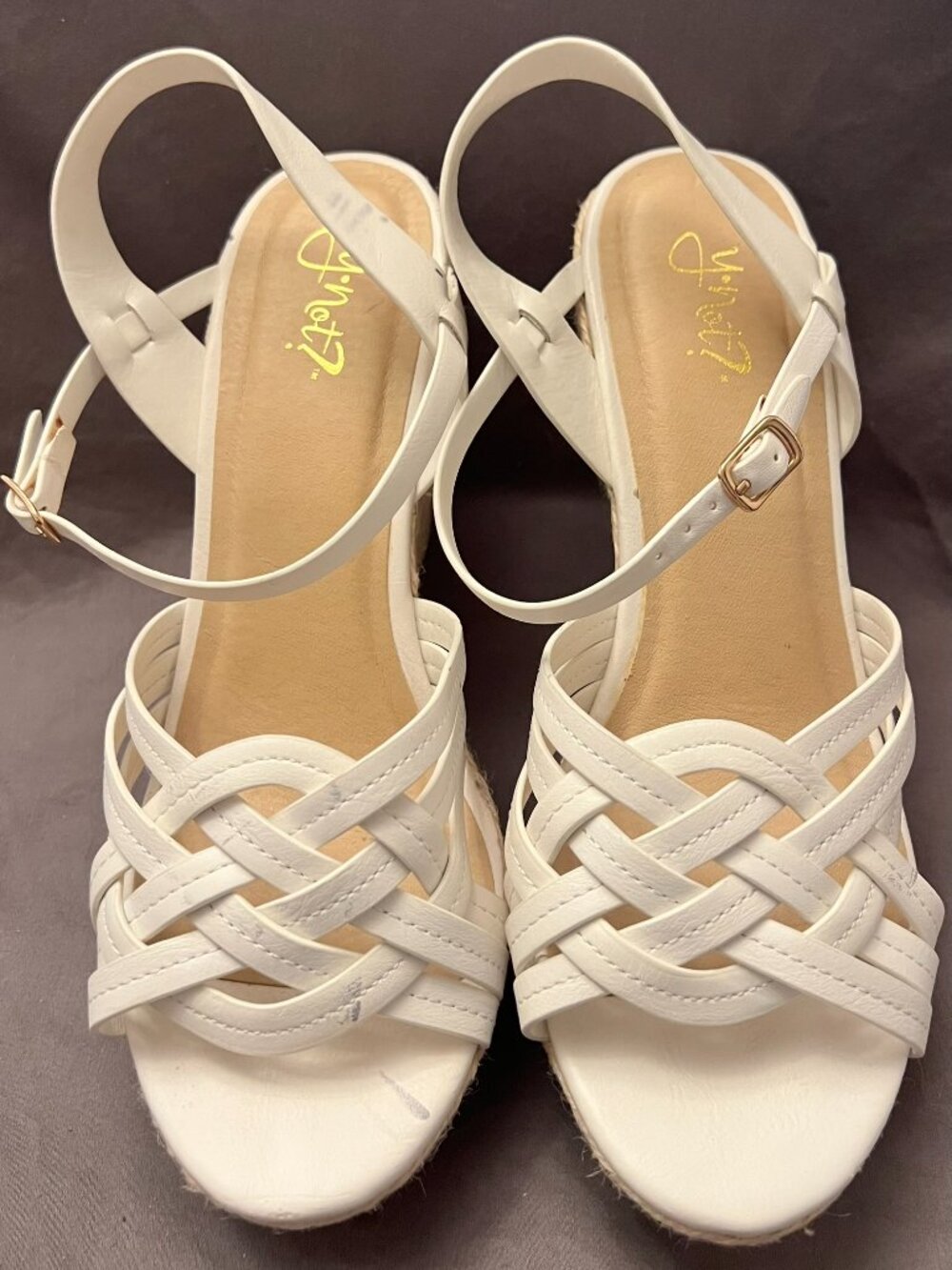 Women’s Y-Not Harlie Wedge Sandals 7M Beige White Twine Embroidered Beige